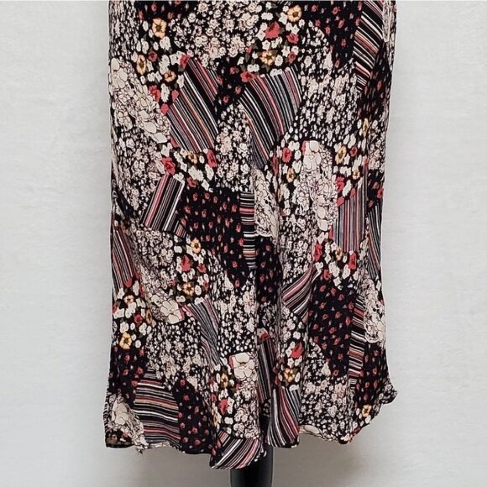 90s Vintage Her Style Floral Striped Faux Patchwork Butterfly Sleeve Midi Dress - Picture 7 of 16
